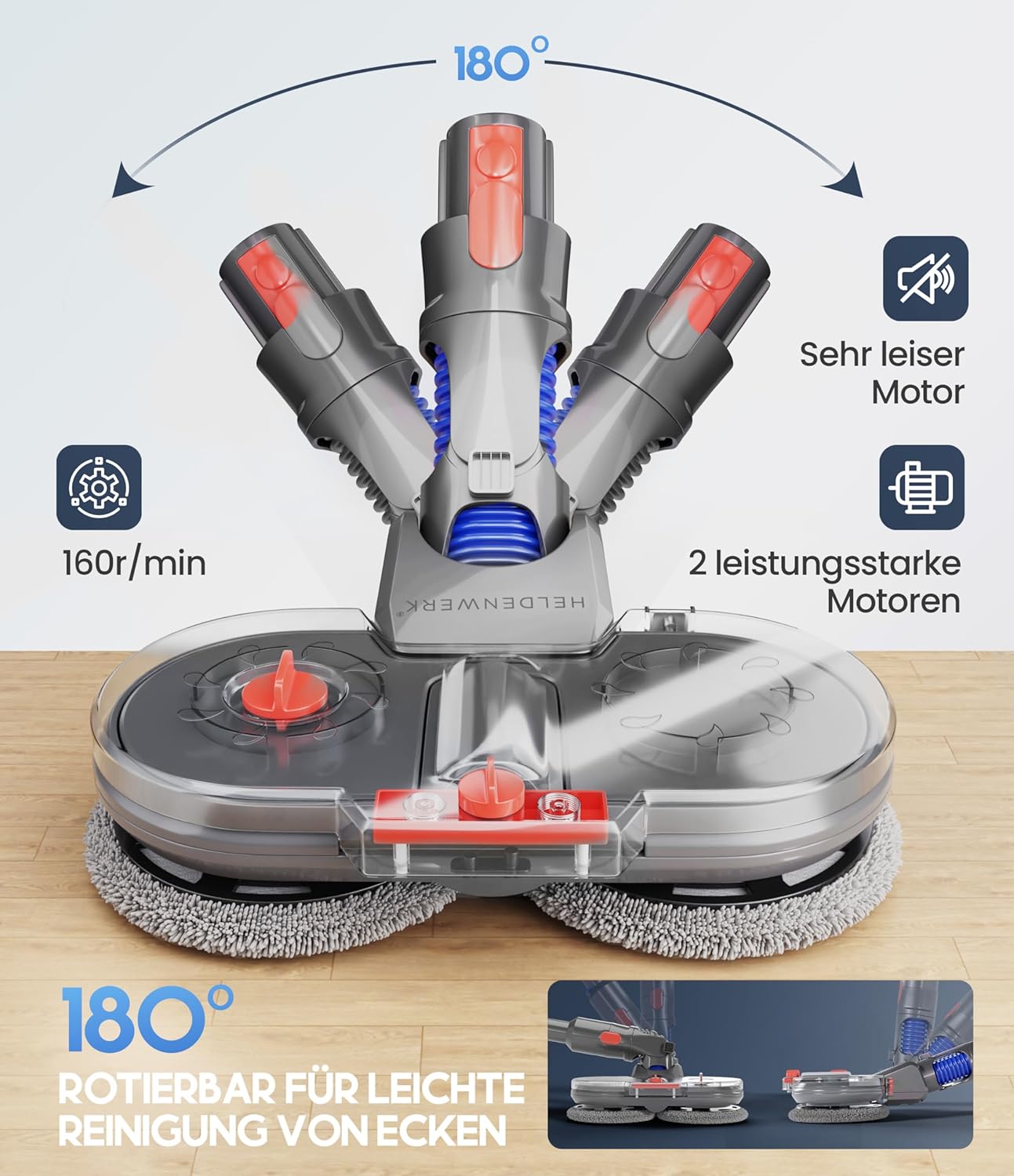 HELDENWERK Moppaufsatz für Dyson V6 Staubsauger, Dyson Zubehör, Moppaufsatz, elektrischer Bodenwischer mit Wassertank, Nachfüllbehälter und 8 waschbaren Mopps
