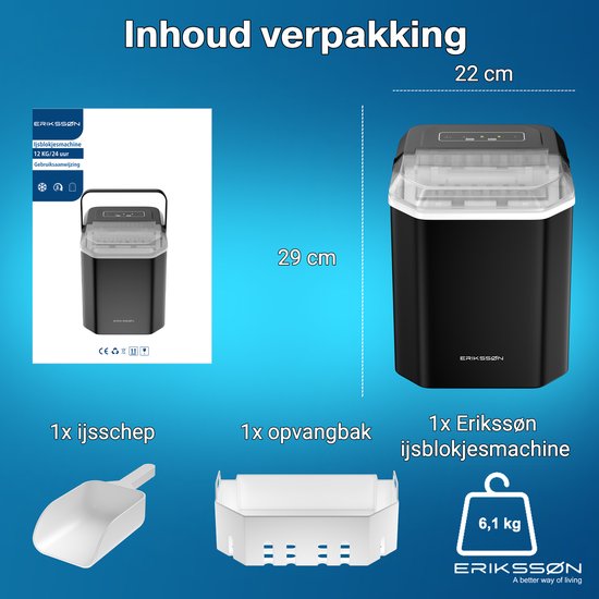 Erikssøn Eiswürfelmaschine - Eiswürfelbereiter - Inkl. Eisportionierer - 12kg/24 Std. - 9 Würfel / 6 Min. - Tragbar - Selbstreinigungsfunktion - Schwarz
