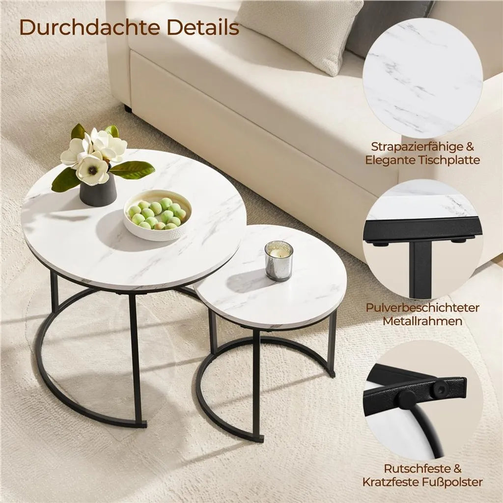 Yaheetech Couchtisch-Set, 2er-Set – Weiß – Rund – Ø 60 x 50,5 cm und Ø 40 x 41,5 cm