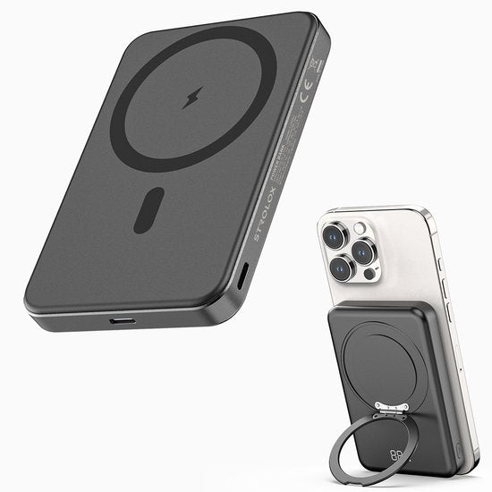 Strolox Powerbank – 12.000 mAh – Kompatibel mit dem MagSafe-System – Kabellose Powerbanks – Schnellladegerät – Notfallpaket – Mit Ständer