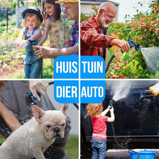 Strex Flexibler Gartenschlauch 15 m mit Sprinklerkopf - ausziehbar - inkl. Kupplungen, Aufhängehaken und Aufbewahrungstasche