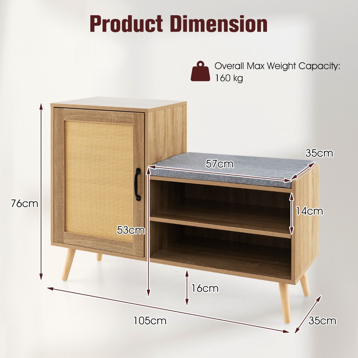 Coast Rattan-Schuhschrank mit Bank 2-in-1 - Natur, 105 x 35 x 76 cm, 3 verstellbare Einlegeböden, Kiefernholzbeine