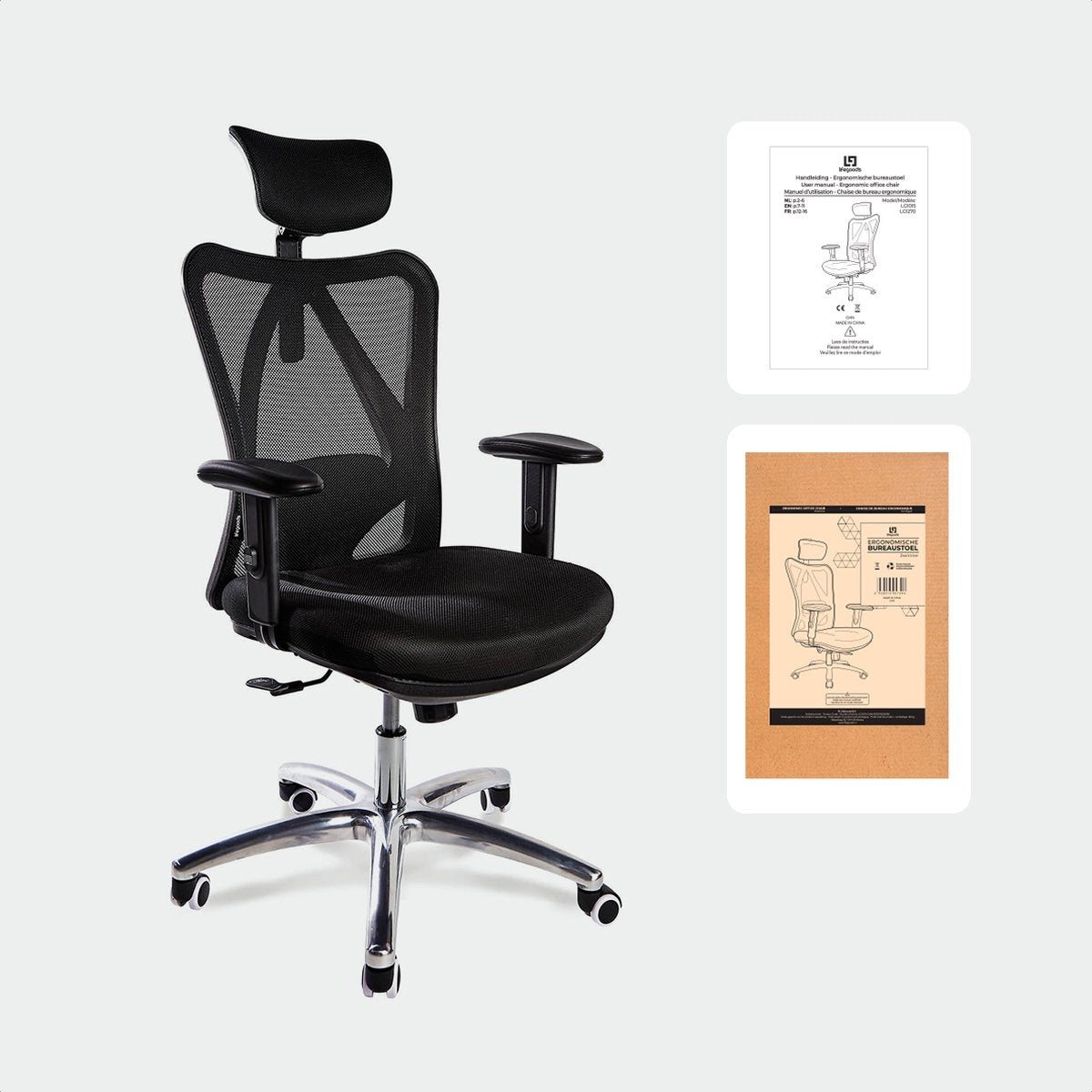 LifeGoods Bürostuhl - Ergonomisch - Bis 136 kg - 120° Kippmechanismus - Schwarz