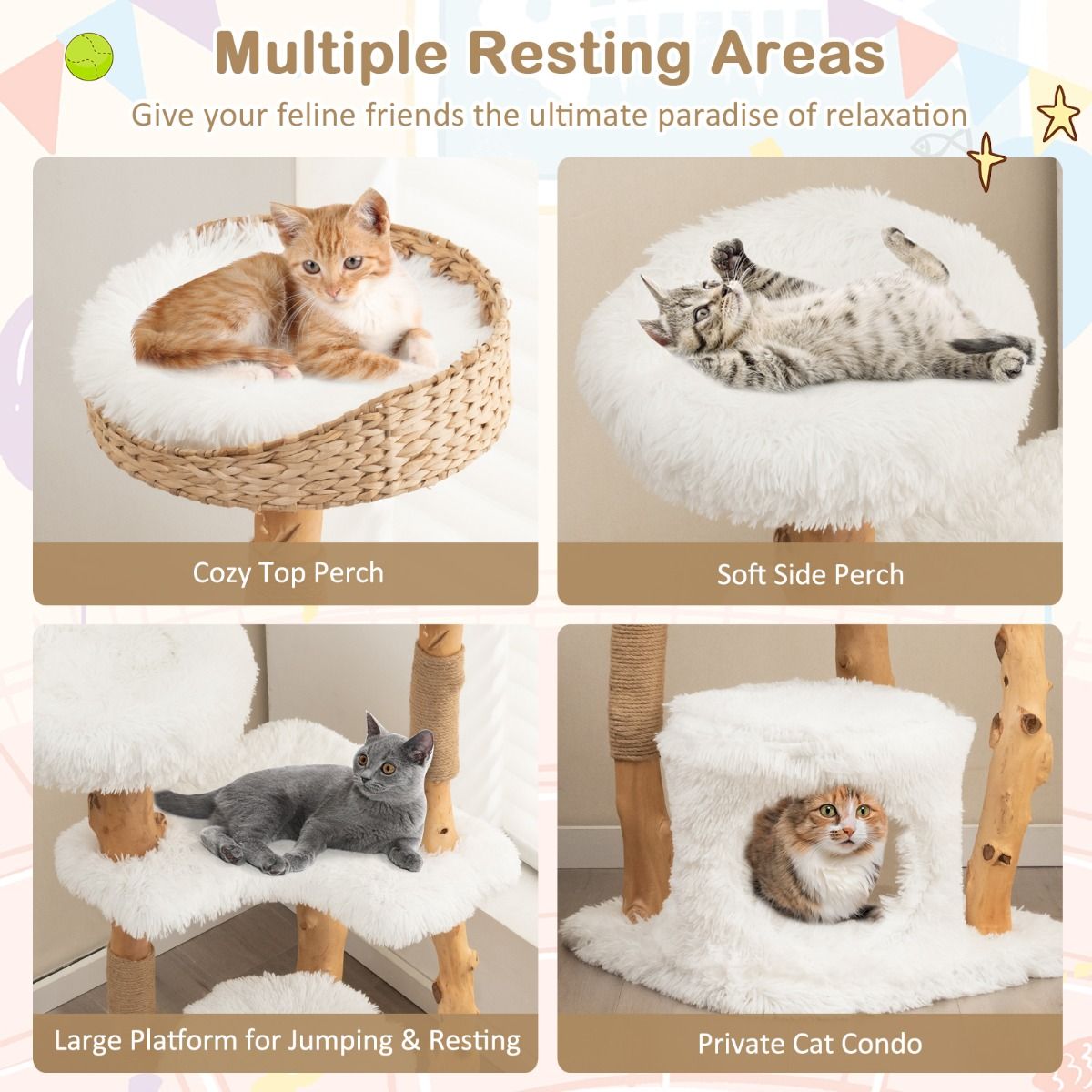 Coast Kratzbaum für Katzen – Massivholz und Jute – 5 Ebenen – Naturfarben und weiß – 124 cm