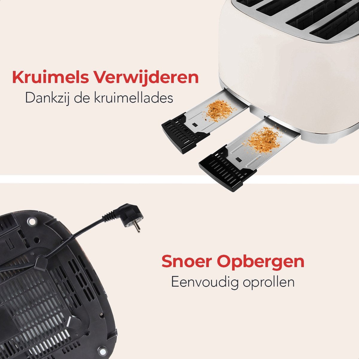 KitchenBrothers Retro Toaster - Toaster - 6 Heizstufen - 4 extra breite Schlitze - 1630W - Beige