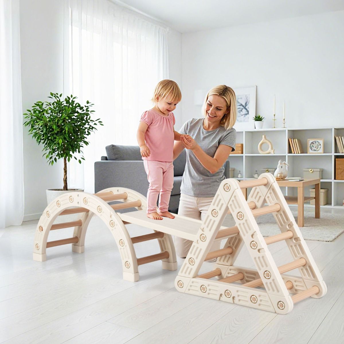 Coast Montessori Klettergerüst für Kinder – 5-in-1-Klettergerüst aus Holz mit Bogen und doppelseitiger Leiter – beige und kaffeefarben