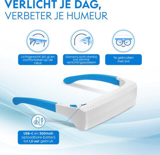 MM Brands Tageslichtlampe - Lichttherapiebrille - Winterdepression LED-Lichttherapie - Sicher für die Augen - Weiß und Blau