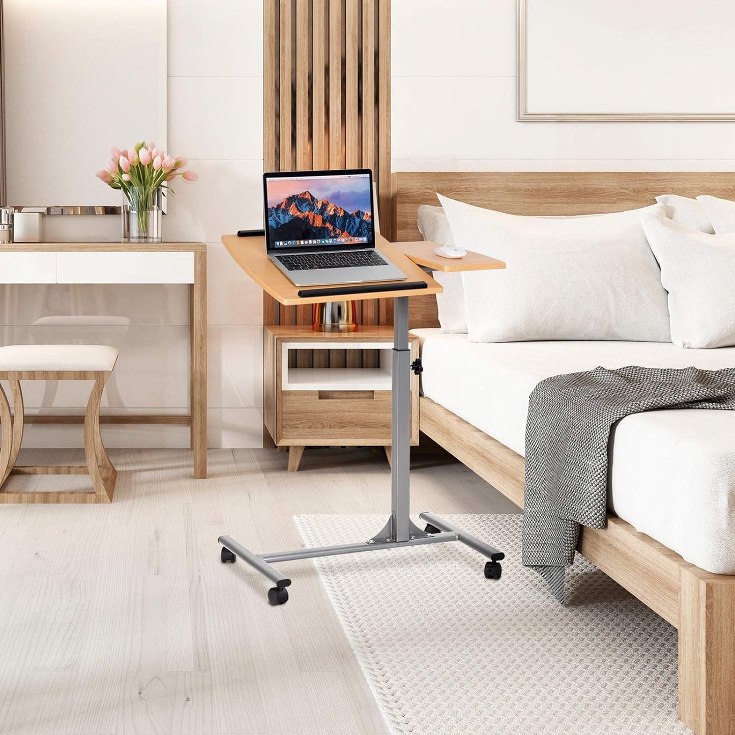 RELAX4LIFE Betttisch für Computer 64 x 45 x 64-95 cm, höhenverstellbar, mit 4 Rollen, kippbare Ablage, natur