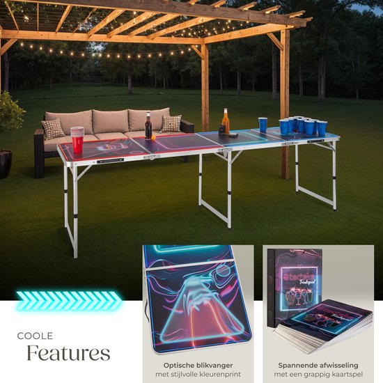 tectake® Bier-Pong-Tisch - Mit Partydekoration - LED-Beleuchtung - Bier-Pong-Tisch höhenverstellbar und klappbar - Trinkspiel mit Zubehör - 100x Plastikbecher, 6x Tischtennisbälle, Kartenspiel mit Karten