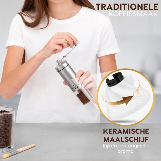 NOI Amsterdam - Manuelle Kaffeemühle - Kaffeemühle - Bohnenmühle mit verstellbaren Positionen inkl. Reinigungsbürste - Edelstahl - Keramikscheiben - Küchenzubehör - Kaffee - Kaffeebohnen