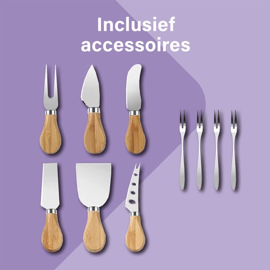 TidyHome® Trinkbrett - Käsebrett - Bambus - Holz - Ø 33cm - Tapasbrett rund - Käsebrett mit Messern - Komplett-Set mit 6 Käsemessern - Servierbrett