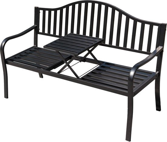 O'DADDY® Gartenbank mit Klapptisch - Gartenbank - Wetterfeste Bank - Gartenbänke - Bank für 2 oder 3 Personen - 150 x 60 x 87 cm - Schwarzes Metall