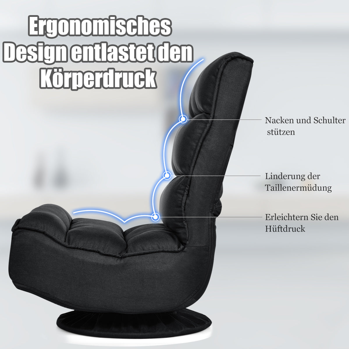 Coast Relax Armchair Bodensessel - Drehbar, klappbar, Max. 150 KG - 59 x 75 x 83 cm - Stoff/Eisen - Schwarz