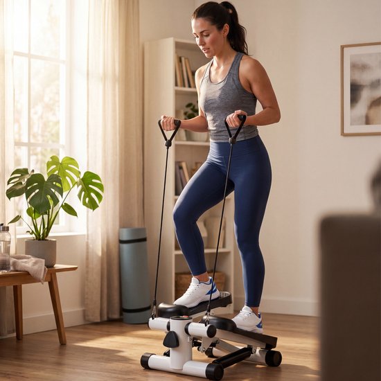 Fitby Stepper – Stepper-Fitnessgerät – Mini-Stepper – Heimtrainer – Display – Mit Widerstandsbändern – Weiß