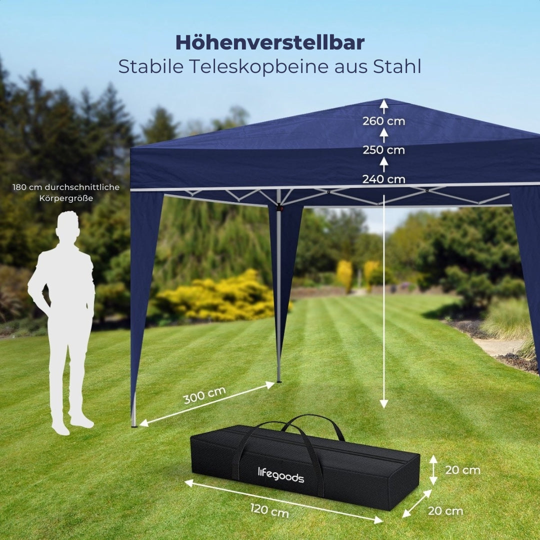 LifeGoods Partyzelt - Pavillon - 3x3 m - faltbar - wasserdicht - mit Rädern - blau