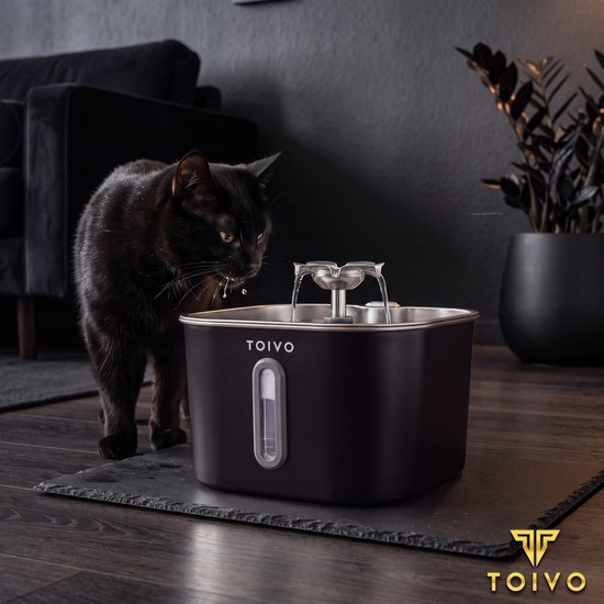 Toivo Trinkbrunnen für Katzen – 2,2 l – Edelstahl – Trinkbrunnen mit Sichtfenster, inkl. 4 Filter – Wasserspender – Flüsterleise – Katzenbrunnen – Trinknapf – Wassernapf – Schwarz