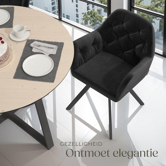 tectake - Drehstuhl in Samtoptik - Esszimmerstuhl mit Armlehnen - Ergonomischer Sitz und Rückenlehne - 180-Grad-Drehung - Moderner Stuhl mit Stahlbeinen - Verschiedene Farben - Schwarz