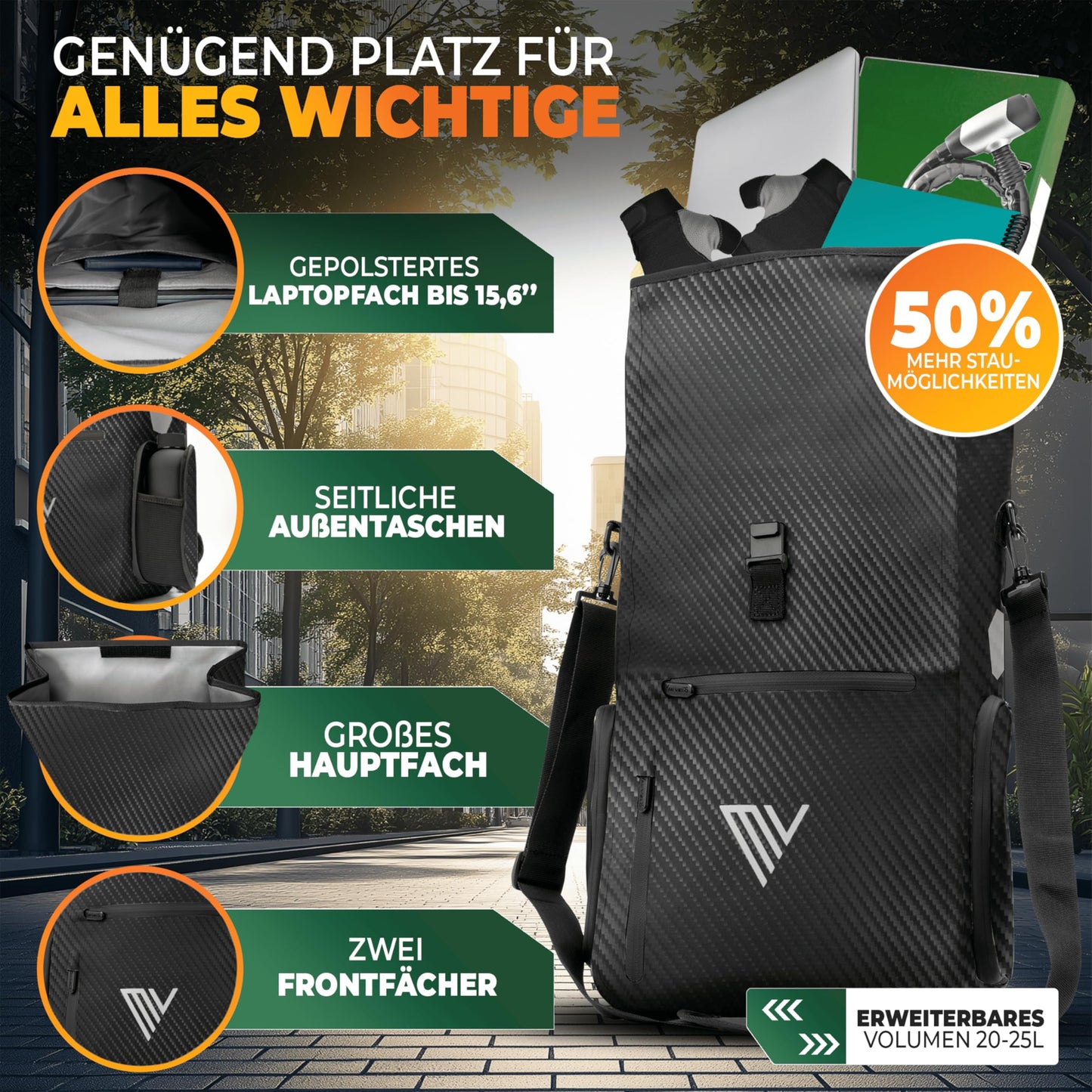 MIVELO - EVO - 25L - 3-in-1-Fahrradtasche für den Gepäckträger – 100 % wasserdicht – Schwarz Carbon