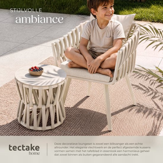 tectake® Gartenset Lugano – Gartenstuhl – Liegestuhl mit Beistelltisch – Gartenstuhl im Seil-Design mit Aluminiumgestell – Garten-Sessel mit dicken Kissen – Lounge-Set für Garten oder Balkon - Terrassenstuhl – UV- und witterungsbeständig – Beige