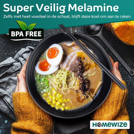 Homewize - Ramen Bowl 3x - Set 14-teilig - Nudelschüssel-Set mit Suppenlöffel & Essstäbchen - stark & spülmaschinenfest - schwarz