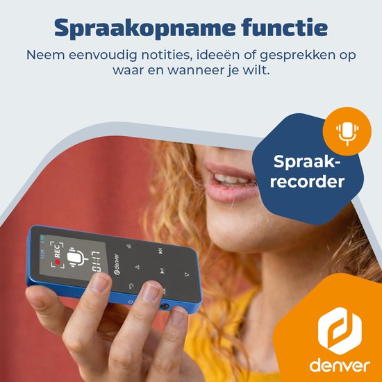 Denver MP3/MP4-Player – Bluetooth – Zufallswiedergabe/Wiederholung – SD-Karte bis zu 128 GB – inkl. Ohrhörer – Diktiergerät – MP1830BU – Blau