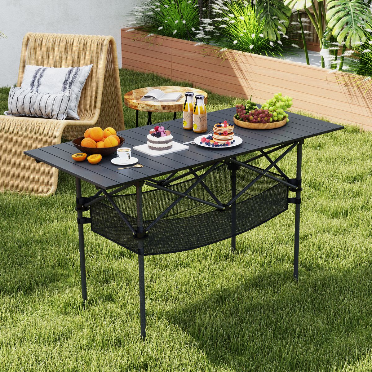 Coast Klappbarer Campingtisch – Aufrollbare Tischplatte aus Aluminium – Mit Netzkorb – Schwarz 119 x 56 cm