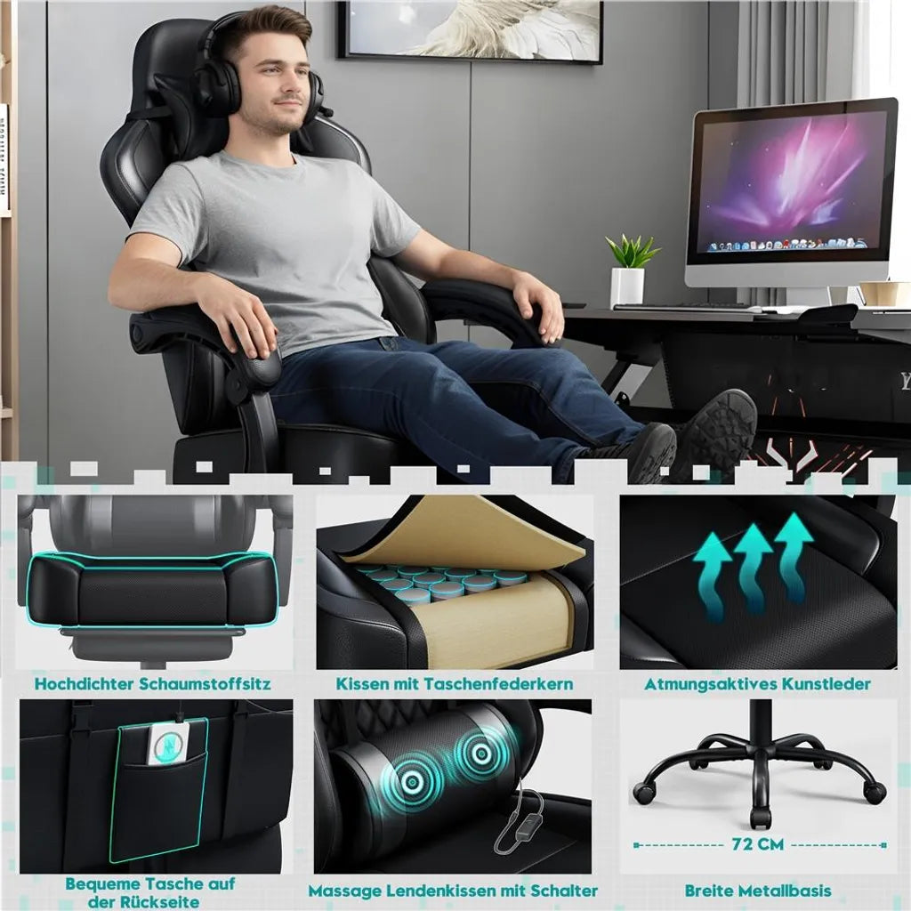 Yaheetech Gaming Chair 72 × 72 × 124,5-134 cm - Schwarz - Ergonomischer Gaming Chair mit Massagefunktion, Fußstütze und verstellbarer Höhe