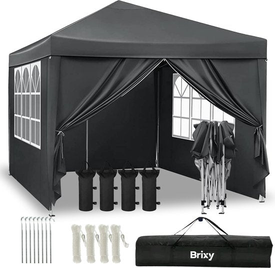 Brixy Partyzelt - faltbar - leicht aufbaubar - 3x3m - wasserdicht - Pavillon mit Seitenwänden - inkl. Tragetasche - Schwarz