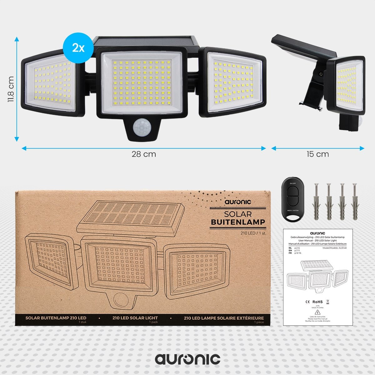 Auronic Solar Außenleuchte mit Bewegungssensor - Wandleuchte mit Sensor - Solar - 210 LEDs - IP65 - 2 Stück - Schwarz