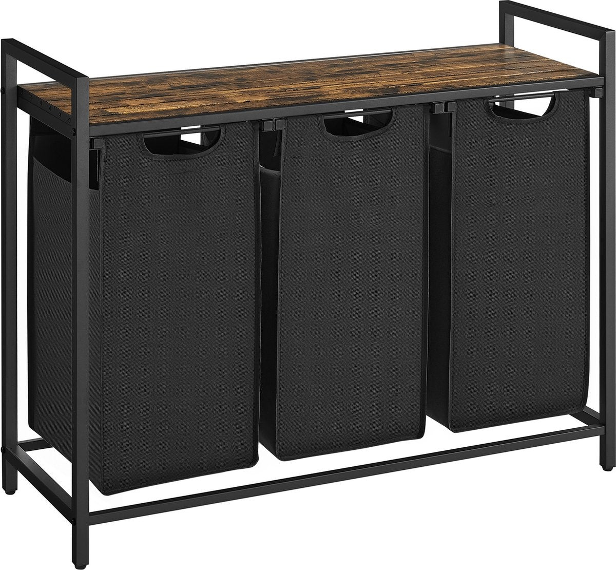 O'DADDY® Wäschekorb 3 Fächer - Wäschesortierer - ausziehbar mit Einlegeboden - 92,5 x 33 x 71 cm - Wäschekorb - 168 L unterteilt in 3 Fächer - Wäschekörbe - Wäschekorb schwarz Metall - Holz braun