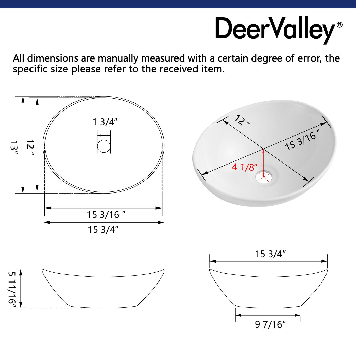 DeerValley Aufsatzwaschbecken DV-1V051 – Weiß – Keramik – Hochglanz – Nahtloses Design – 40 x 33 x 14,5 cm