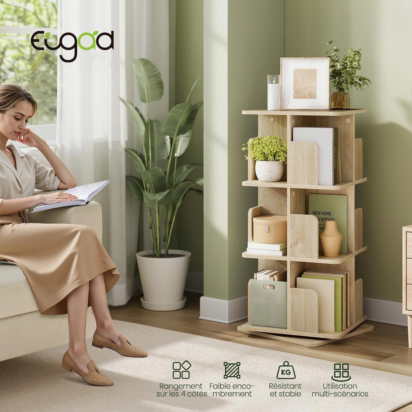 Eugad Drehbares Bücherregal 360° – Helles Eichenholz – 40 x 94,5 x 40 cm