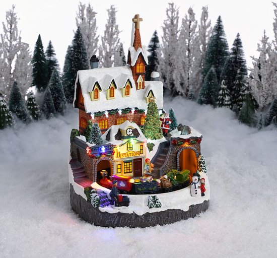 LuVille Weihnachtsdorf Miniatur-Bahnhof - L24 x B24 x H33 cm - Mehrfarbig