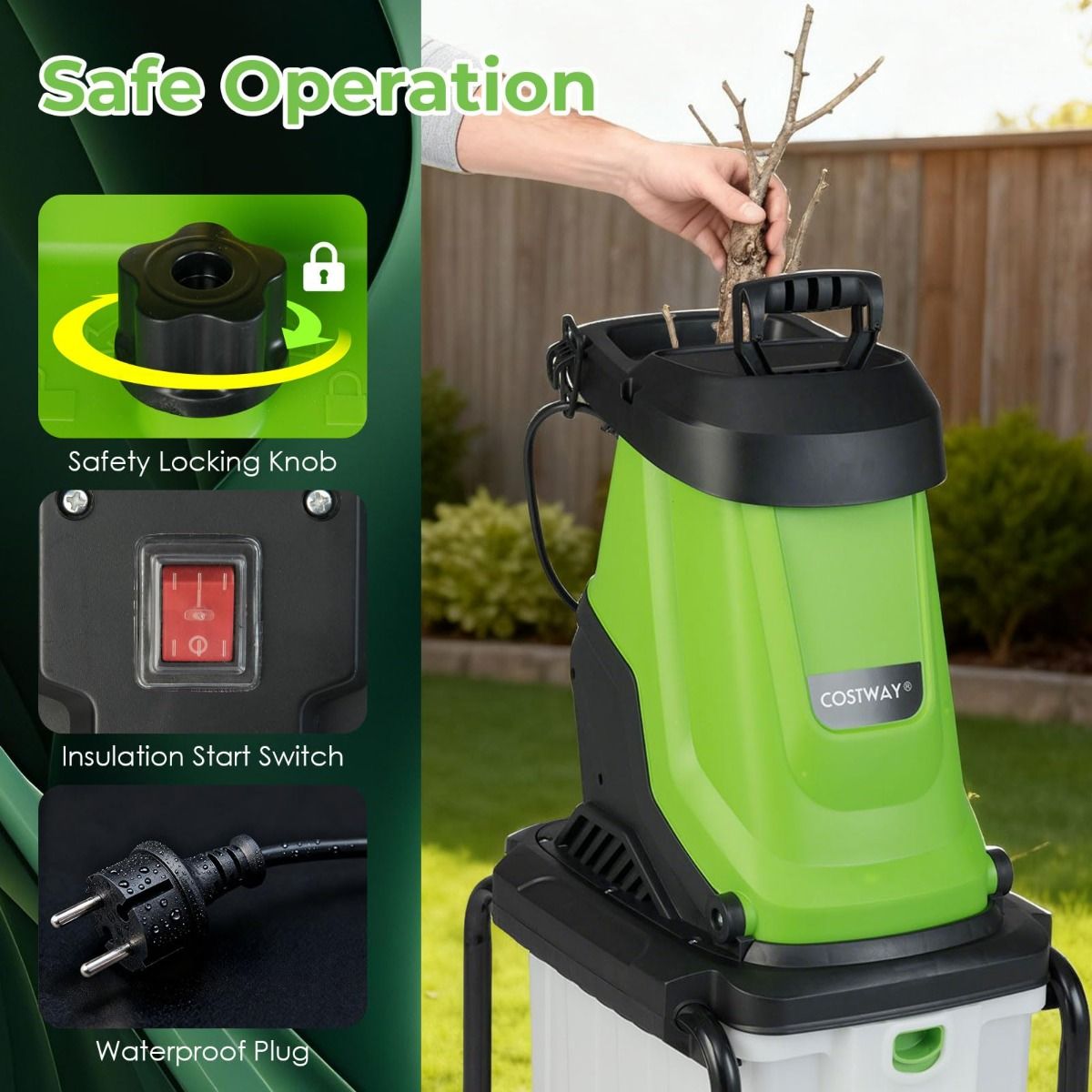 Coast Elektrischer Gartenhäcksler – 2800-W-Motor – 50-Liter-Auffangbehälter – grün und schwarz