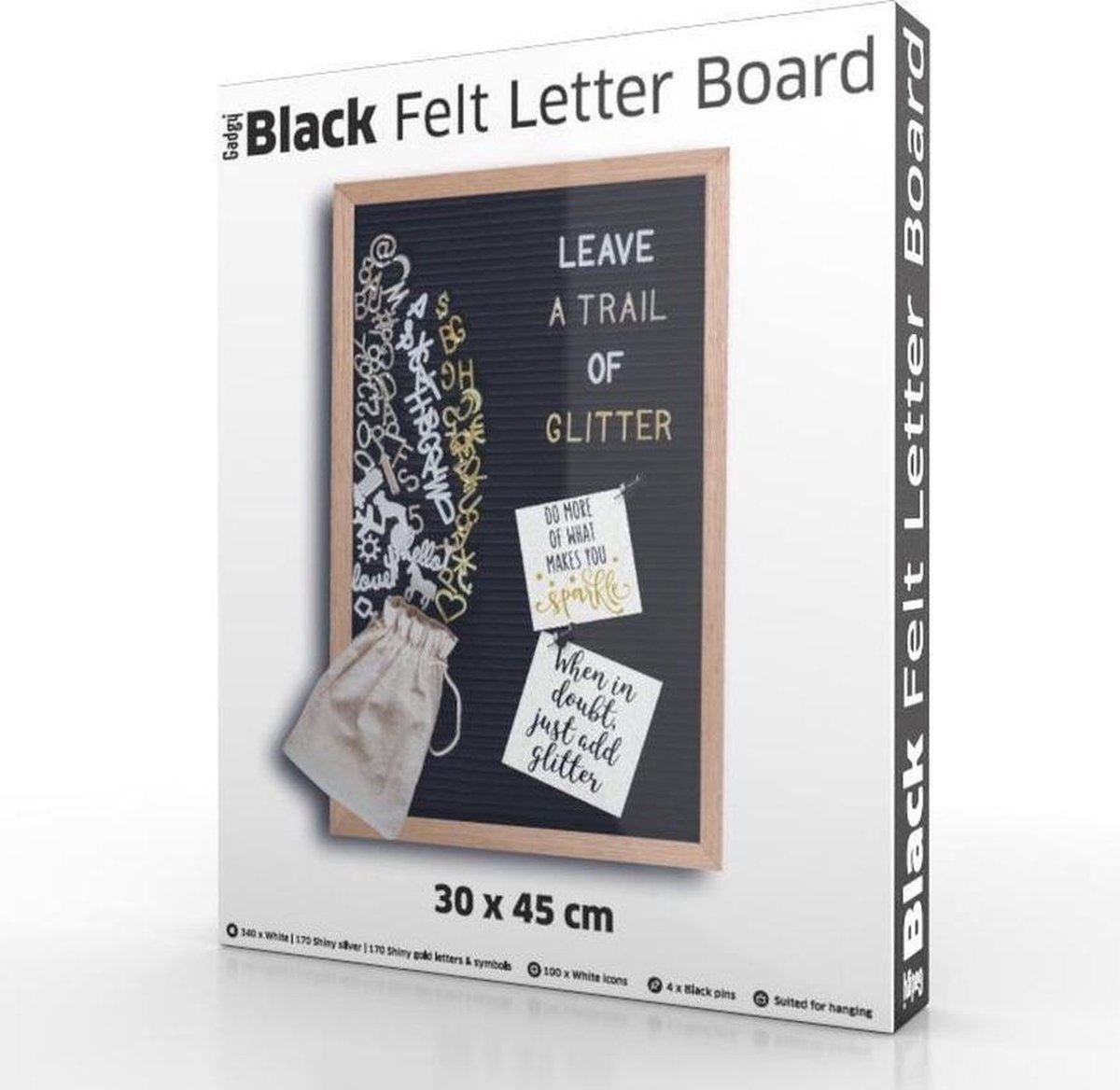 Gadgy Letter Board Schwarzer Filz - Holzrahmen - 30x45cm - inklusive 3 Farben von Buchstaben etc.