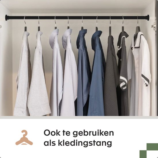Noswo Vorhangstange ohne Bohren - 130-230 cm - Inklusive 15 Ringe - Ausziehbar - Duschstange - Duschvorhangstange - Klemmstange - Selbstspannend - Schwarz