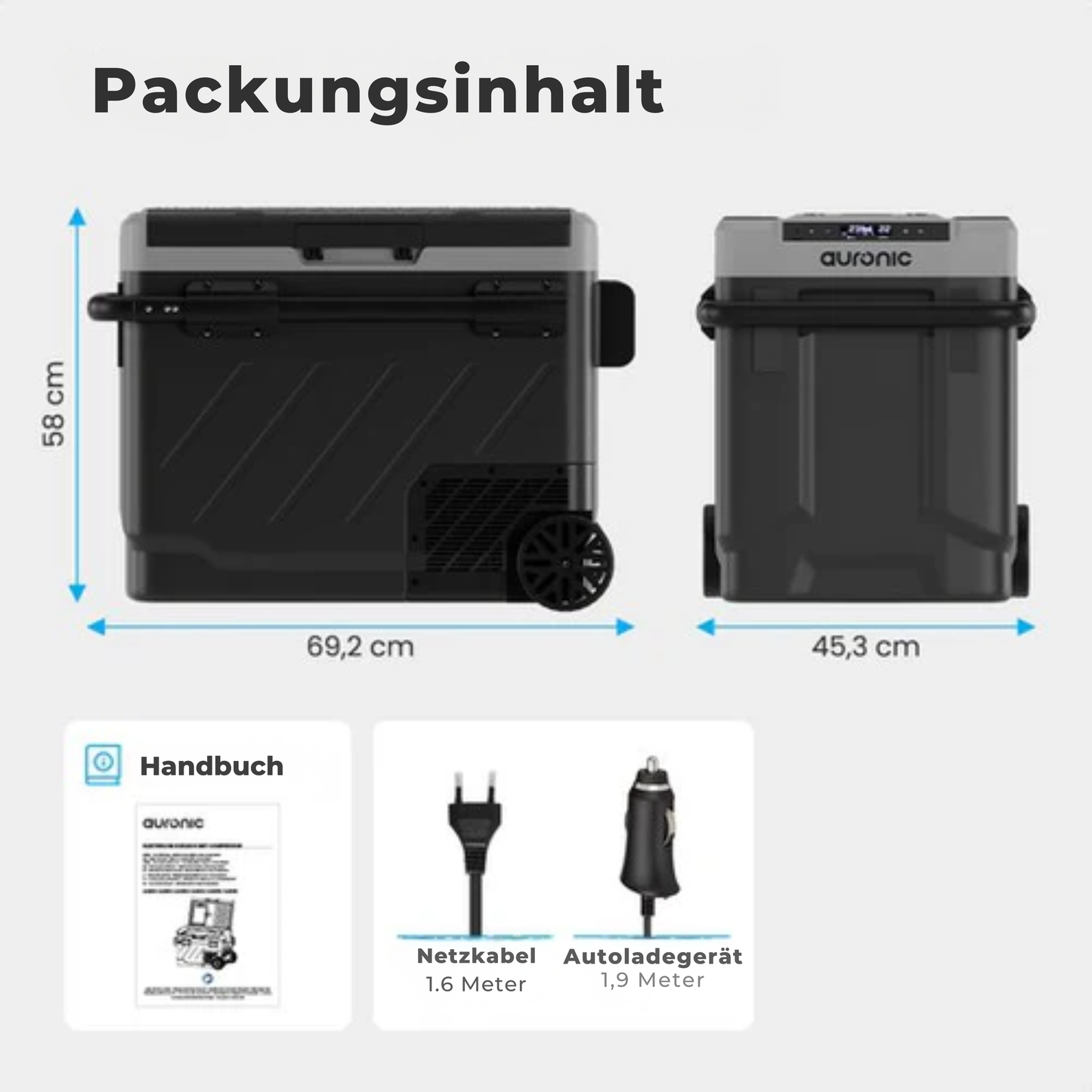 Auronic Electric Cool Box - Mit Kompressor - Gefrieren und Kühlen - 58L Kapazität - 69.2 x 45.3 x 58 cm - Grau