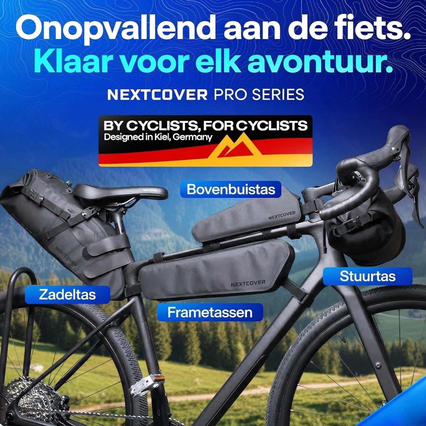 Nextcover Bikepacking-Rahmentasche – 38 cm – Schwarz – 3 Liter – 100 % wasserdichtes TPU – Fahrrad-Rahmentasche für Gravelbike, Rennrad und MTB