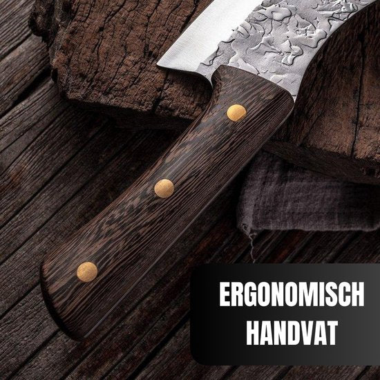 Messerset Japanische Qualität - Kochmesser und Hackmesser Premium - 3-teiliges Messerset mit Damastdruck - Eichenholzgriff poliert