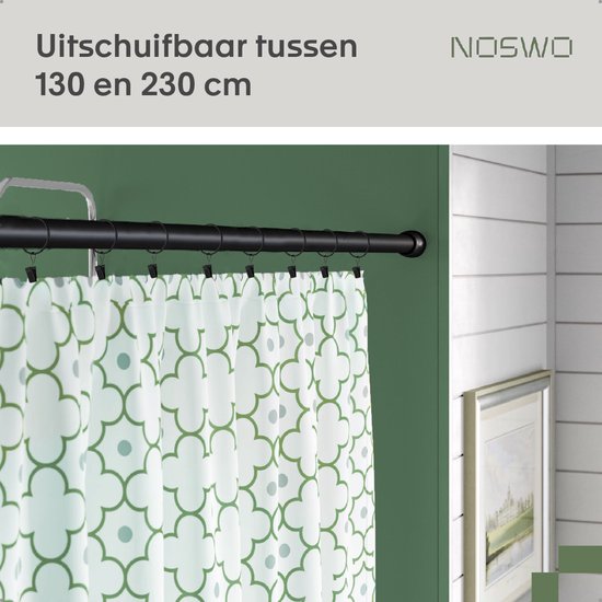 Noswo Vorhangstange ohne Bohren - 130-230 cm - Inklusive 15 Ringe - Ausziehbar - Duschstange - Duschvorhangstange - Klemmstange - Selbstspannend - Schwarz