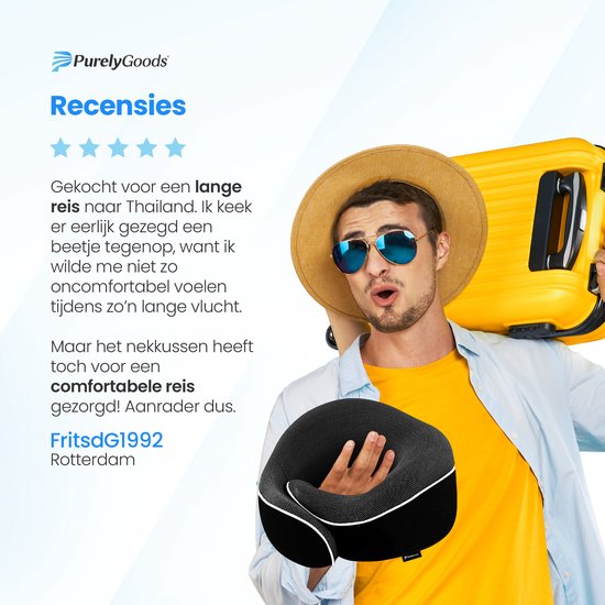 PurelyGoods® Nackenkissen - Luxuriöses Reisekissen-Set - Memory Foam - Flugzeug & Auto - Schwarz - inkl. Schlafmaske und Ohrstöpsel