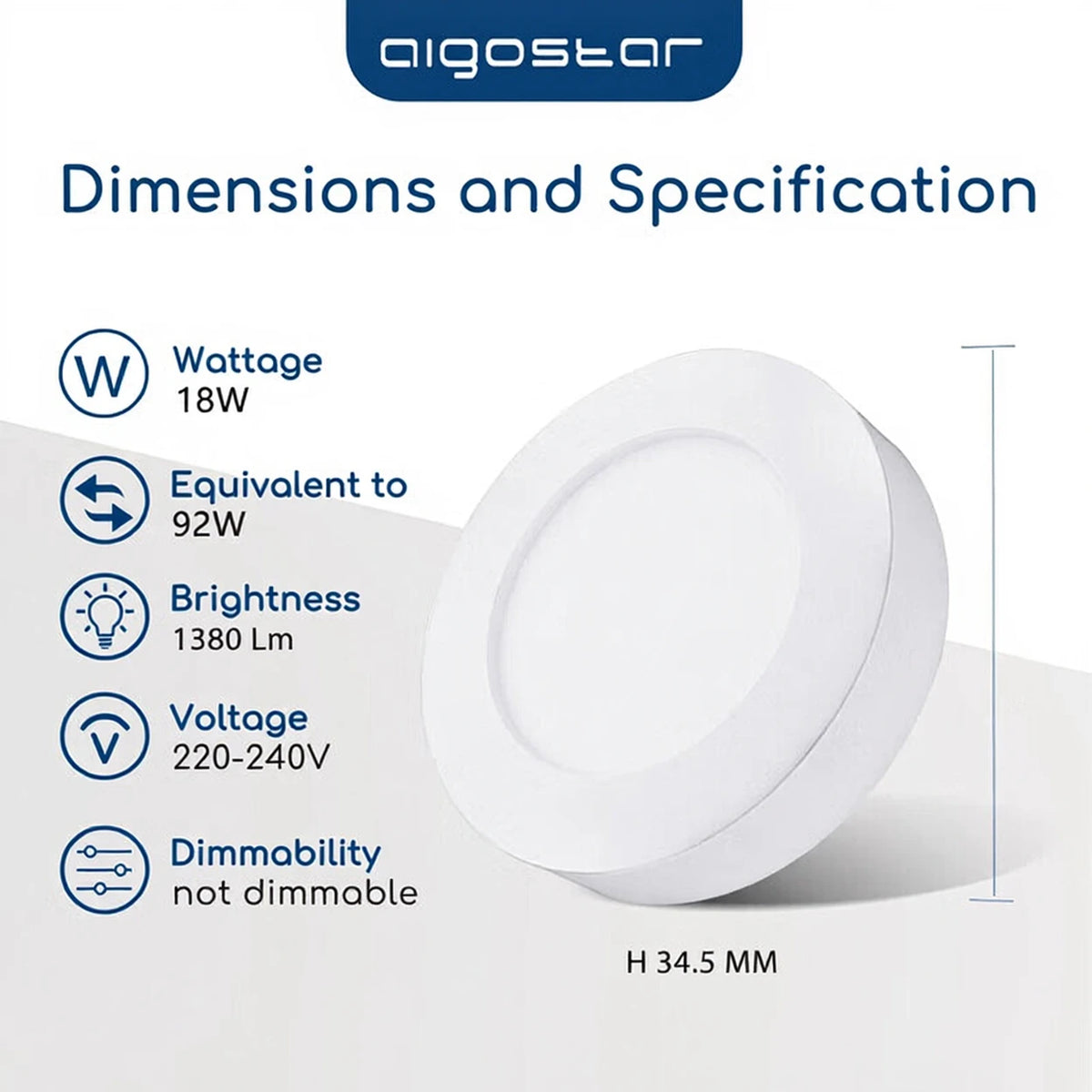 Aigostar E6 LED-Aufbau-Downlight, rund – 18 W – 1880 lm – 6000 K Tageslicht – Ø 22,6 cm – 3,45 cm hoch – Weiß