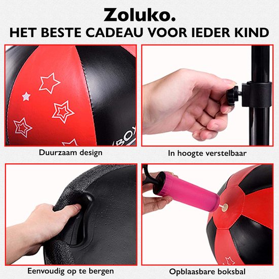 Zoluko Boxball auf Fuß für Kinder - Inkl. Boxhandschuhe und aufblasbare Pumpe - Höhenverstellbar - Für drinnen und draußen - Boxball auf Ständer - Boxtrainer - Boxstange - Boxset Kinder - Boxball stehend - Boxen - Heimsport - Schwarz/Rot