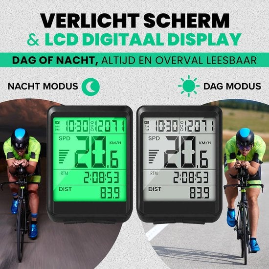 Strex - Fahrradcomputer - 17 Funktionen - Extra großer Bildschirm - kabellos & wasserdicht - Schwarz