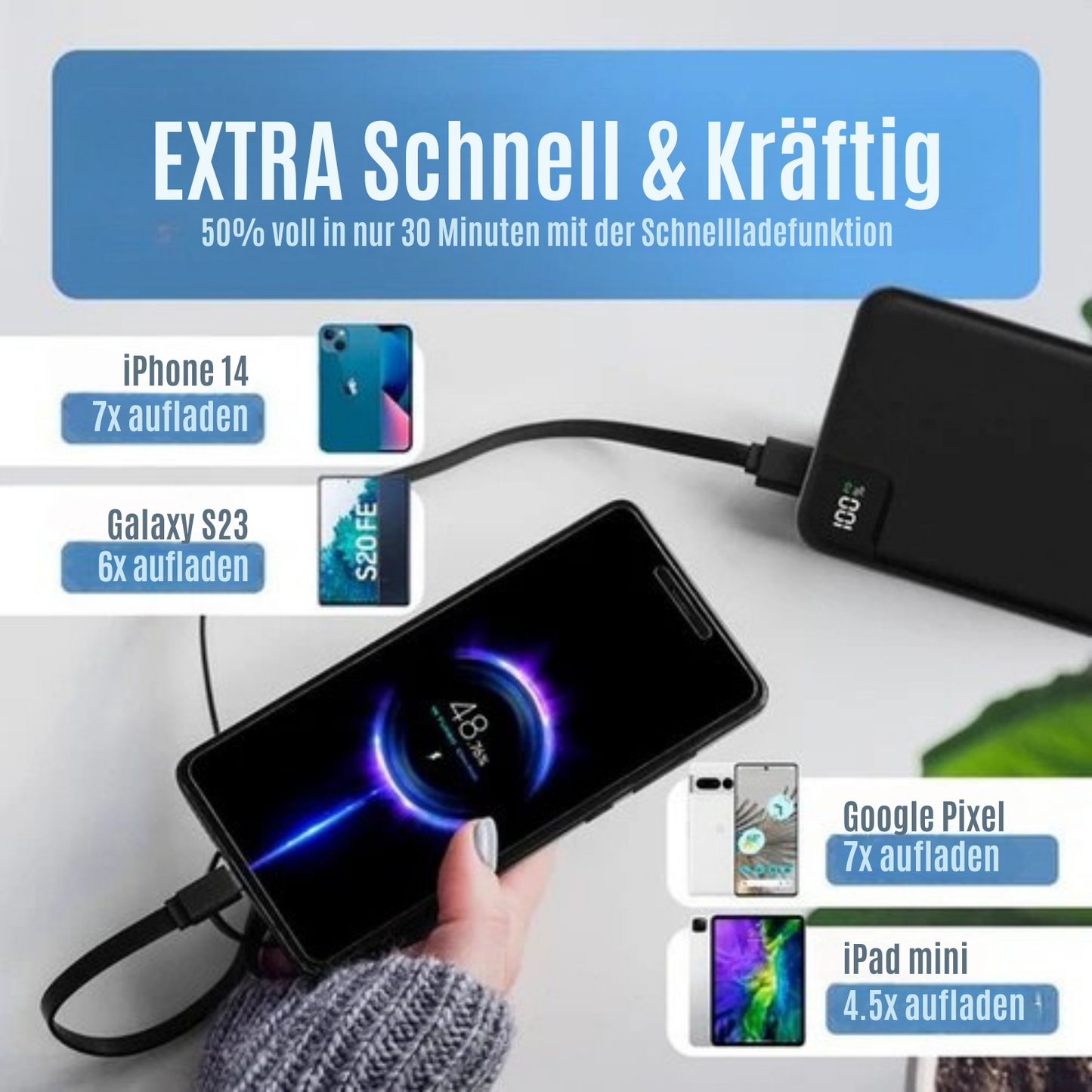 Strex - Powerbank - 27.000 mAh - 22.5W Schnellader - USB-A/USB-C - Universelle Powerbank für u.a. iPhone/Samsung - Schwarz