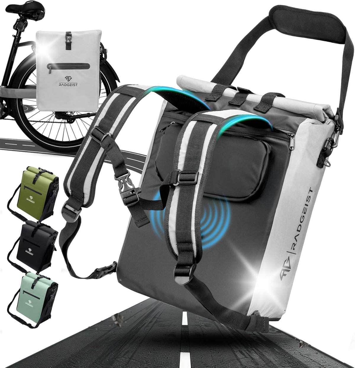 RADGEIST 3in1 Fahrradtasche für Gepäckträger - Fahrradrucksack - Fahrradtasche mit Reflektoren - Umhängetasche - mit Laptopfach - 100% wasserdichte Tasche - 25L - voll reflektierend