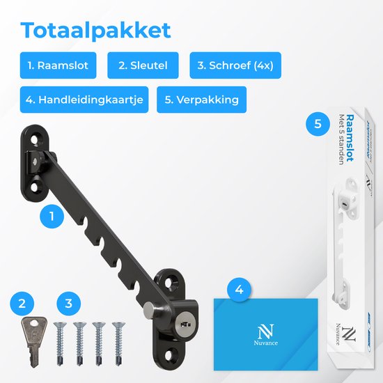 Nuvance Fensterhebel – Fensterarretierung – Kippfensterhalter – Windhaken – 5 Positionen – Fensterschloss – Windhaken – Kindersicherung – Schwarz