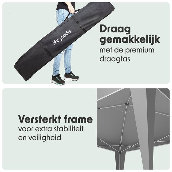 LifeGoods Party Tent Plus - Faltzelt - 3x3 m - Einfacher Aufbau - Verstärkter Rahmen - Wasserdicht - Tragetasche - Grau