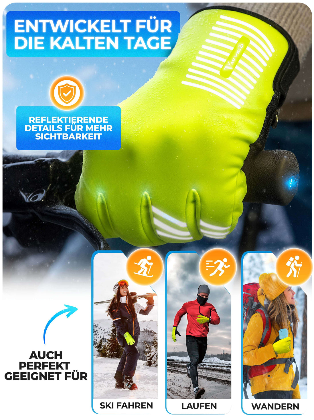 Winterhandschuhe - Thermo Fleece & 3M Isolierung - Winddicht & Wasserabweisend - Touchscreen - Anti-Rutsch-Griff - Gelb - Größe M