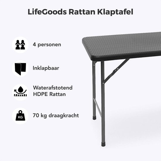 LifeGoods Zusammenklappbarer Tisch - 120 cm - Campingtisch - 4 Personen - Klappbarer Tisch - Schwarz